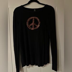 XL, black waffle tee with sequin peace sign.